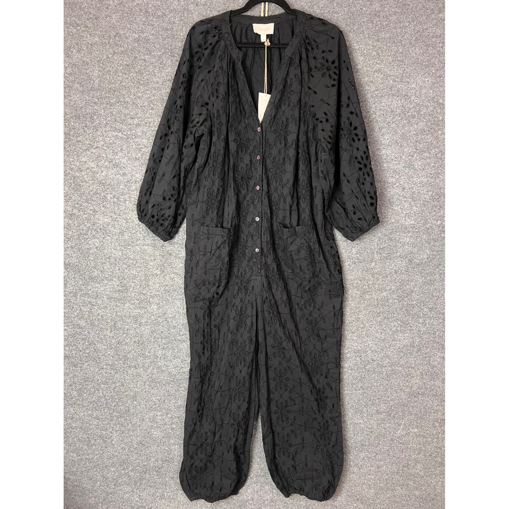 New Cleobella Black Organic Cotton Eyelet Jumpsuit XL New With Tags Boho Artisan